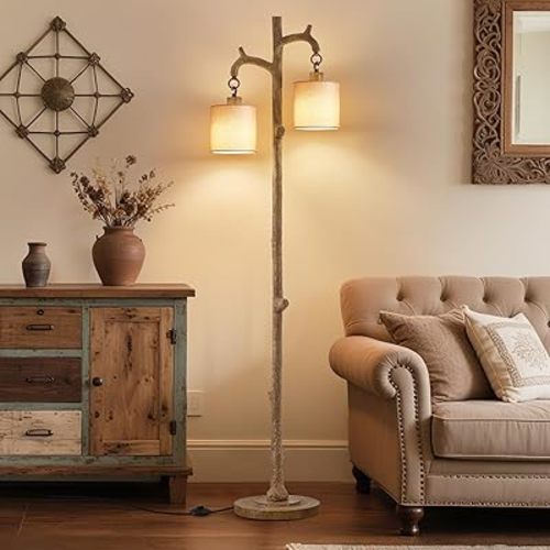 Floor Lamp for Living Room - 69" Rustic Farmhouse Tree Trunk Tall Lamp - Country Resin Vintage Reading Light Standing Lamps for Bedroom Office Classroom kid Room Home Decor (2 Reading Light, Brown)