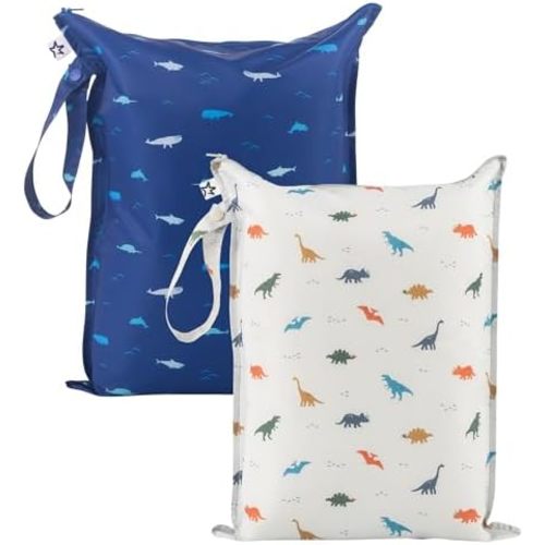 Tiny Twinkle Mess Proof Wet Bags | 2-Pack Reusable Waterproof Wet Bags for Swimsuits | Baby Clothes | Travel & Diaper Bag (Dinosaur, Ocean Life)