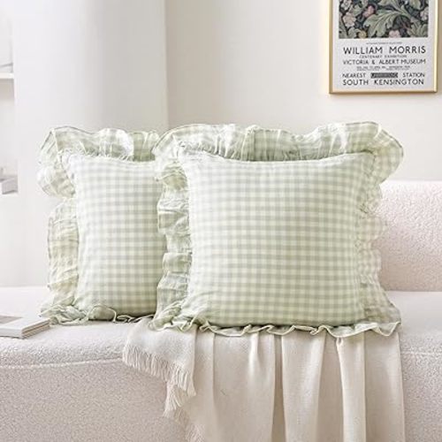 2 Pack Pile Green White Plaid Ruffle Gingham Throw Pillow Covers, 100% Washed Cotton Checkered Farmhouse Decorative Pillow Shams for Bed/Sofa - 18ββx18''