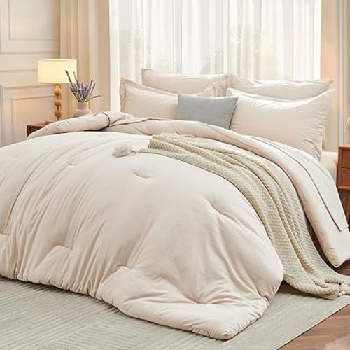 MUXHOMO 7 Pieces Queen Comforter Set Queen Size Bedding Set Beige
