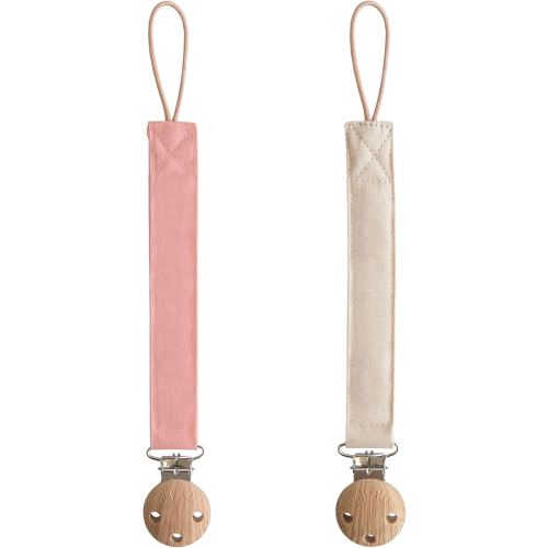 mushie Linen Baby Pacifier Clip Holder | Soft Fabric Strap, 2-Pack (Dusty Rose/Shifting Sand)