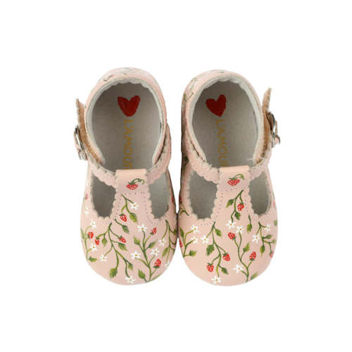 Strawberry Hand-Painted on Pink Scallop Baby Shoes | Over The Moon