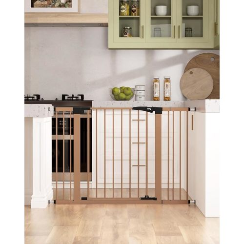 keny 29.7"-46" Baby Gate for Stairs, Auto Close Dog Gates for Doorways, Pressured Mounted No Drilling Pet Gate Extra Wide, Easy Walk Thru Stair Gate, 30" Tall, Brown