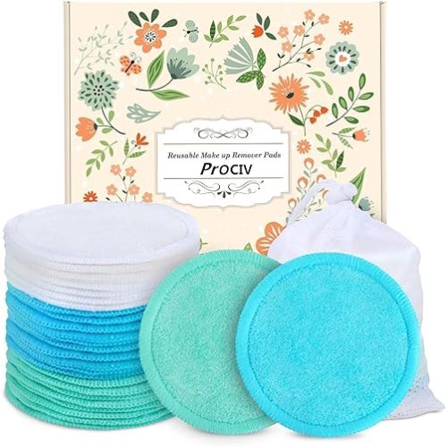 Reusable Makeup Remover Pads - 18 Packs Organic Reusable Cotton Rounds with Washable Laundry Bag for Toner Eco-Friendly Bamboo & Cotton Reusable Cotton Pads for Face All Skin Types (Blue-White-Green)