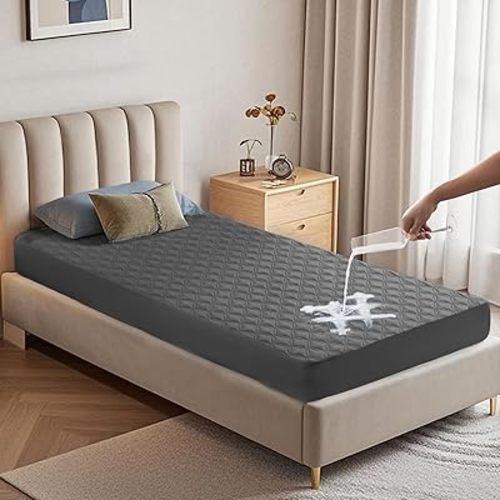 Waterproof Mattress Protector Noiseless Mattress Pad with Deep Pocket Fitted Up to 6"-18" Soft Breathable Dirt-Proof Single Bed Mattress Cover for Kids Teenager Bedroom Dorm Twin Size (Gray)