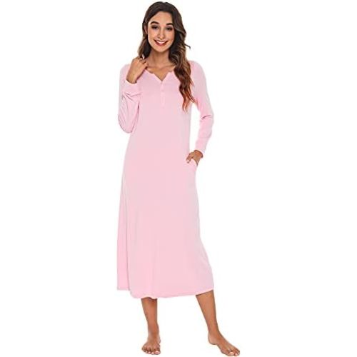 WiWi Nightgowns for Women Super Soft Sleepwear Long Sleeve V Neck Nightshirts Viscose from Bamboo Cooling Nightdress S-XXL