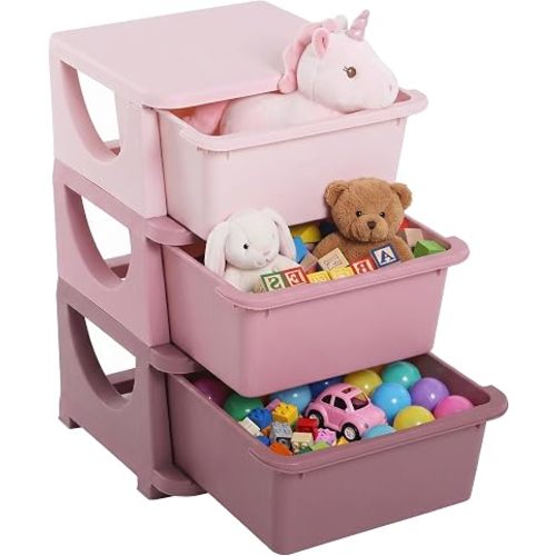 Qaba 3 Drawers Kids Storage Unit 3 Tier Toy Organizers Pink