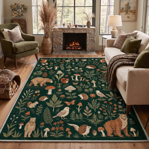 GENIMO 5X7 Area Rug for Bedroom, Washable Animal Forest Non Slip | Forest Green Biomimetic Rug, Soft Non-Shedding Lightweight Easy Care Polyester Rug for Living Room and Dining Room