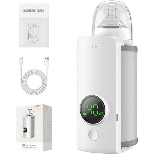 Portable Travel Baby Cordless Bottle Warmer,Baby Breastmilk and Formula Bottle Warmer,6000 mAh Rechargeable Battery,Digital Display Temperature Water Warmer On The Go,Feeding-Friendly Baby Essentials