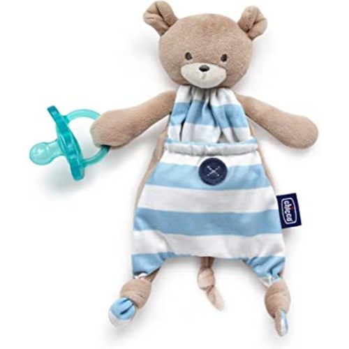 Chicco Pocket Buddies Soft Pacifier Holder-Lovey, Soothing Plush Toy Animal 0m+, Blue Bear