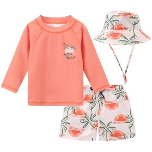 Toddlers and Baby Boys' 3-Piece Rashguard Sets Swimsuits Sets with Hat Surfing Swimwear Sunsuit UPF 50+