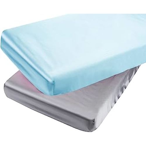 Satin Pack n Play Sheet Set 2 Pack Ultra Soft Silk Fitted Mini Crib Sheets Playard Sheet Protect for Baby Hair and Skin, Grey & Lt Blue