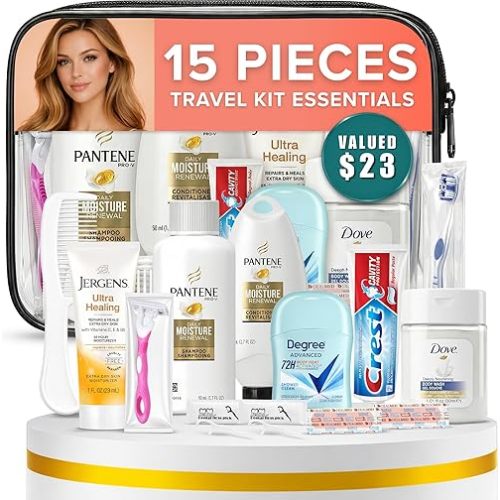 TrekTote Travel Essentials Kit For Women – 15 Piece Toiletry Set – Featuring Top Trusted Brand Toiletries, TSA Compliant, Includes Shampoo And Conditioner, Lotion, Toiletry Bag & More