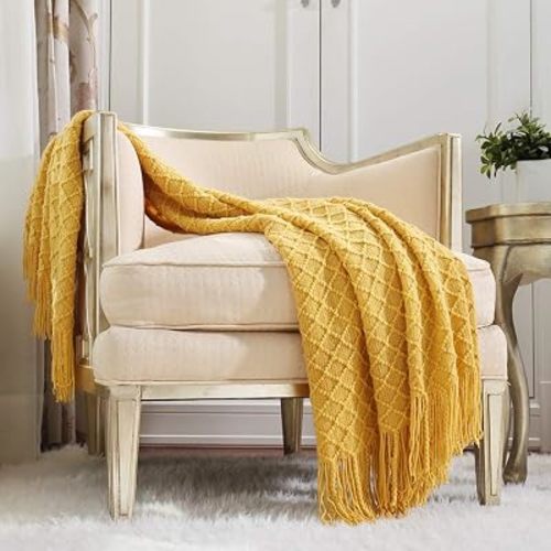 CREVENT Knitted Decorative Throw Blanket for Couch Sofa Chair Bed,Soft Warm Cozy Light Weight for Spring Summer (50''X60'' Mustard Yellow)