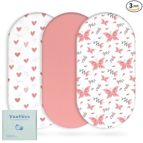 Yoofoss Bassinet Sheets for Baby,3-Pack Fitted Bassinet Sheets Set Compatible with Halo Bassinest Swivel Sleeper,Baby Delight,Angelbliss,Soft Breathable Bassinet Mattress Sheets(Pink+Butterflies)