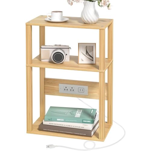 3-Tier Small Narrow Bamboo Side Table with Charging Station, Skinny Nightstand for Small Space, Slim Bedside Table with Storage for Couch, Wooden Thin End Table with USB Ports and Outlets, Natural