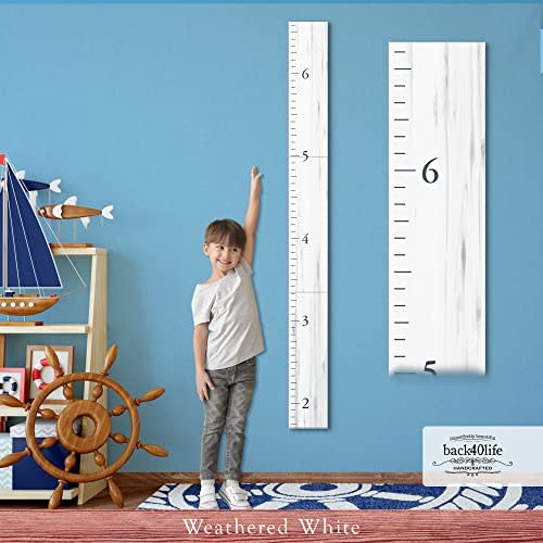 Farmhouse Style Wooden Kids Growth Chart Ruler for Boys and Girls (Weathered White - BMK)