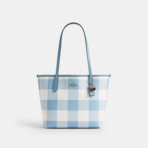 Medium City Tote Bag With Gingham Print And Charm