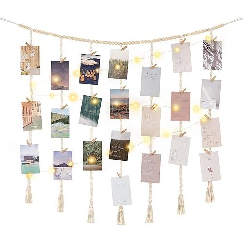 Mkono Macrame Hanging Photo Display Wall Decor with String Lights, Boho Wooden Beads Garland Collage Picture Card Frame Holder with 45 Clips for Bedroom Living Room Dorm, Teen Girls Christmas Gifts