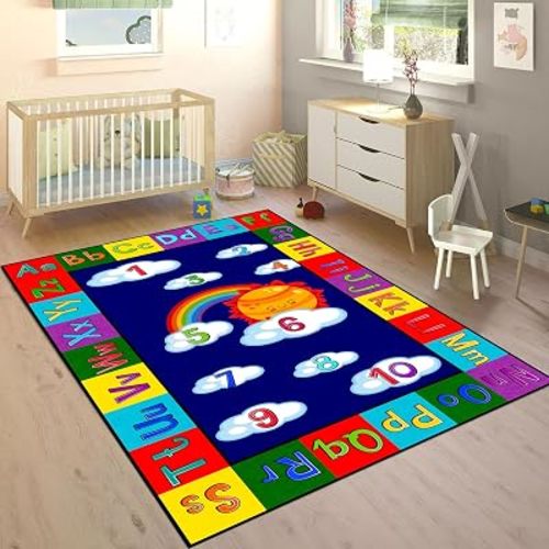 Educational Kids Rug 4x5ft - ABC Alphabet & Numbers Learning Play Mat with Rainbow, Sun & Fun Illustrations - Washable Play Mat for Nursery, Playroom, Preschool Classroom