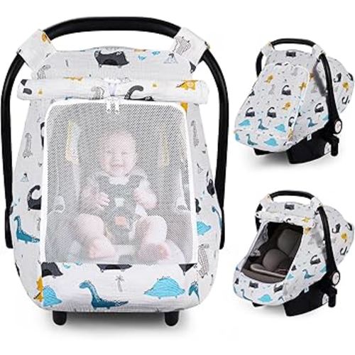 Rquite Car Seat Cover Baby, Carseat Covers Girl Boy, Breathable Muslin Cotton, Large Mesh Window, Infant Car Seat Canopy Baby Carrier Cover Stroller Sun Shade for Summer & Hot Day