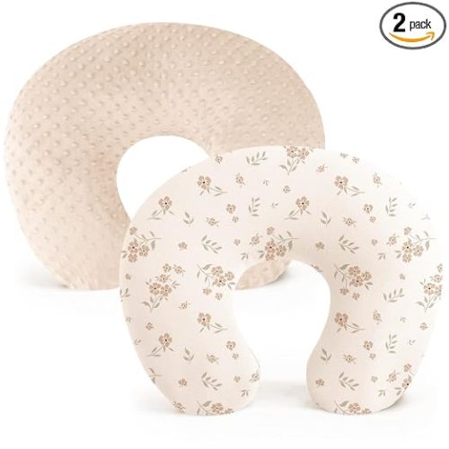 Konssy 2 Pack Nursing Pillow Covers, Soft and Comfortable Nursing Cover for Breastfeeding Pillows, Pillow Slipcover for Baby Girls Boys Newborn(Brown, Blossom)