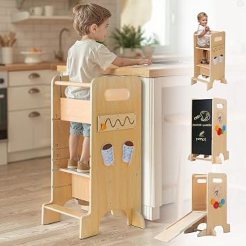 Toddler Tower 4-in-1 Multifunctional Kitchen Stool Helper with Removable Safety Board, Adjustable Heights, Slide, Highchair, Chalkboard, Montessori Games