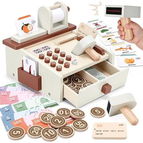 Cash Register for Kids, Wooden Montessori Toys for 2 3 4 Year Old Gifts Educational Learning Resources Toys | Play Money Toy Till with Scanner | Role Play Preschool Toys