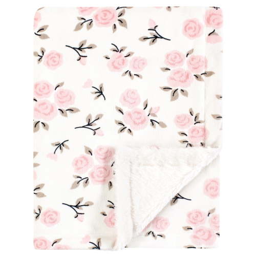 Hudson Baby Infant Girl Plush Blanket with Furry Binding and Back, Neutral Pink Floral, One Size