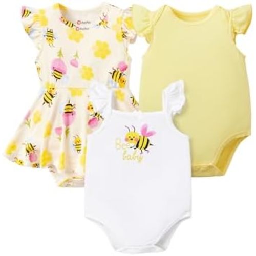 PATPAT Baby Girl Bodysuits - Soft Bamboo Viscose - Flutter Sleeves Cute Dress - Newborn Infant Summer Clothes - 3 Pack