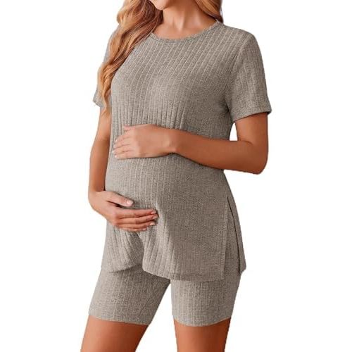 Ekouaer Women's Maternity 2 Piece Sets Short Sleeve Shirts and Biker Shorts
