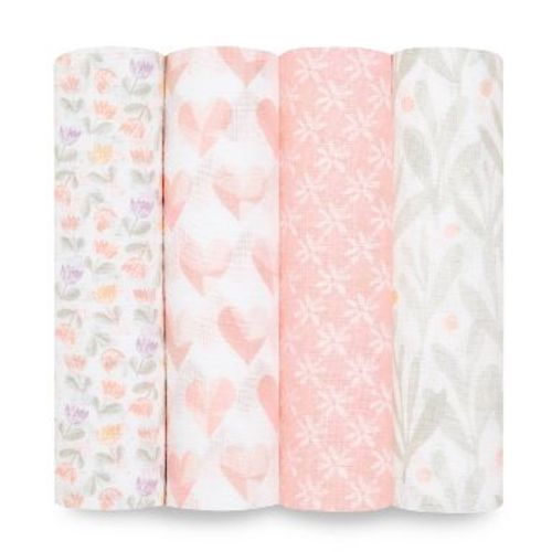 aden + anais essentials 4pk Cotton Muslin Swaddle Blankets - Piece of My Heart: Classic Patterns, Vintage Theme, Sensory Friendly