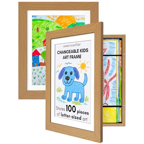 Americanflat Kids Artwork Frame Changeable (Dark Oak) - Magnetic Door Holds 100 Art Pieces - 8.5x11 Letter Size Display with Mat or 10x12.5 Without Mat - My Mini Masterpiece (Set of 2)
