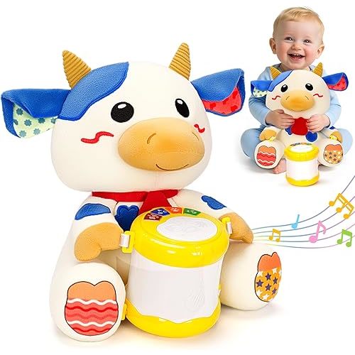 V-Opitos Stuffed Cow Musical Toys for Baby 6-12 Months+, Early Learning Light up Music Drum, Perfect Christmas Birthday Gifts for Boy & Girl Age 1, 2 Years Old