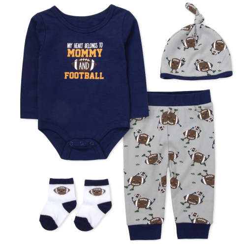 Baby Essentials Infant Boy 4 Piece Football Outfit Set with Bodysuit, Pants, Hat & Socks (Navy My Heart Belongs To Mommy And Football, 6 months)