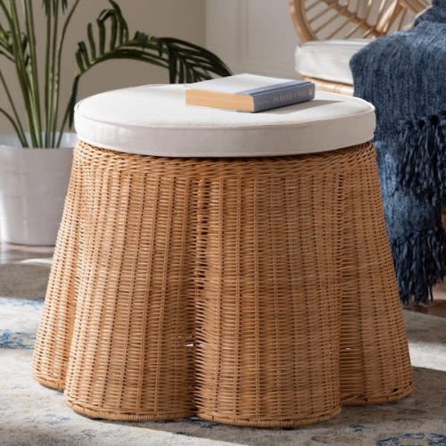 Palm Light Honey Rattan and Fabric 26 in. Round Ottoman
