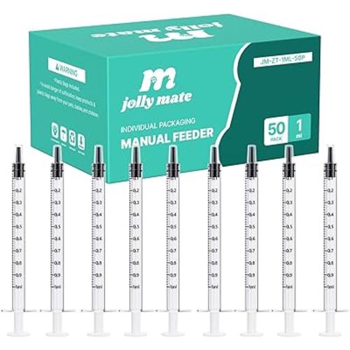 JollyMate 50 Pack 1ml Syringes for Liquid, 1cc Oral Syringes without Needle with Cap Individually Wrapped for Pet Feeding, Scientific Labs, Measuring Liquids, Oil & Glue Dispenser