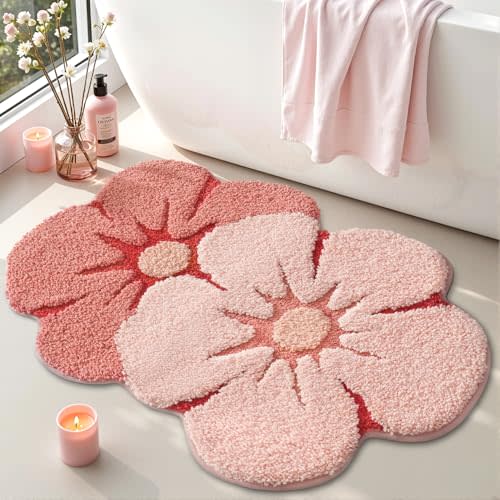 LUMI Flower Bath Rug, Funny Floral Bath Mat, Soft Plush Fluffy Red Rug, Absorbent, Non-Slip for Bathroom, Kitchen Sink, Bedroom, Kid's Bedroom, and Living Room, 20"x32", Bliss Pink