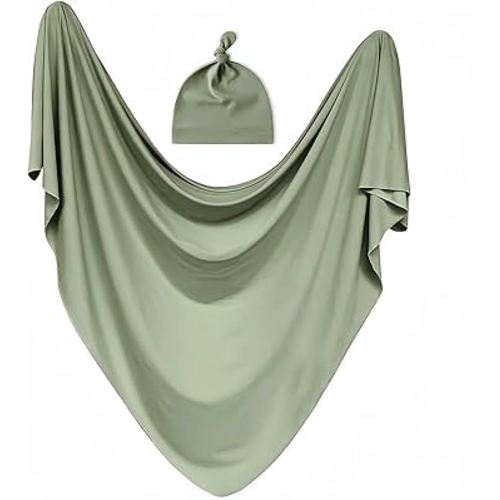 Baby Receiving Blankets with Matching Beanie Set Newborn Nursery Swaddle Unisex Swaddle Wrap Soft Silky Neutral for Baby Girls and Boys (Green)