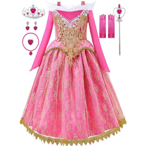 Girls Princess Costume Dresses Pink Princess Dress Up Clothes with Accessories for Halloween Cosplay Carnival Party