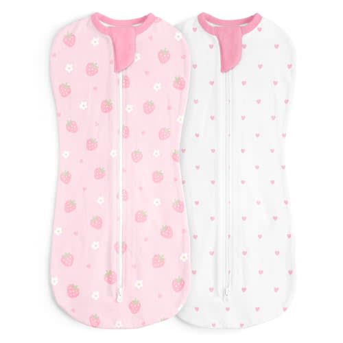Baby Swaddle 0-2 Months, Cotton Arm-In Zipper Sleep Sack, Wearable Blankets Wrap for Newborn Infant Girls (Strawberry, Heart, Pack of 2)