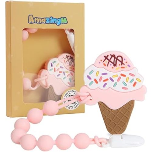 Baby Food Grade Silicone Teether Toy with One Piece Design Pacifier Clip Holder,Teething Pain Relief Toys Gift Set for 3 Months+ Boys and Girls,Freezer Safe,BPA Free. (Ice Cream)