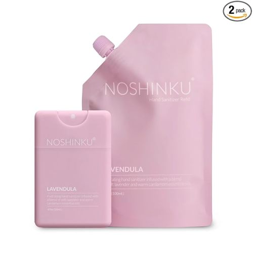 Noshinku Lavender Pocket Hand Sanitizer Refill Kit: Refill Pouch + Sprayer Bundle | Organic Antibacterial Sanitizing Mist with Moisturizing Oils | FDA Registered | 70% Sugarcane Derived Alcohol