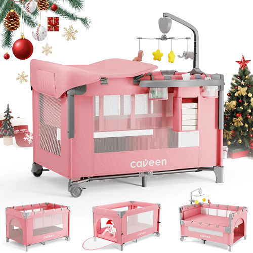 Baby Bassinet, Caveen 5 in 1 Baby Playard with Bassinet, Portable Bedside Sleeper Baby Crib, with Removable Changing Station & Storage Organizer, Pink