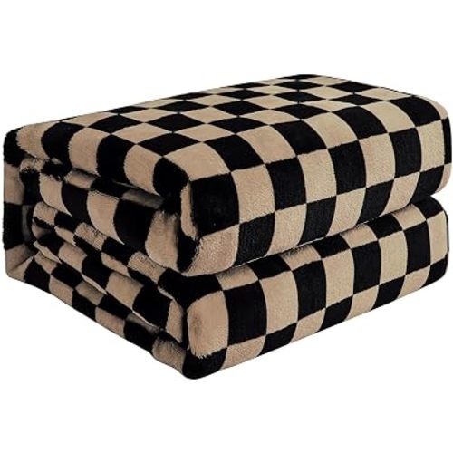 FY FIBER HOUSE Checkered Flannel Fleece Throw Blanket Queen Size Soft Cozy Checkerboard Grid Print Chessboard Gingham Pattern Blankets for Bed Couch Sofa, 90"x90", Black Brown