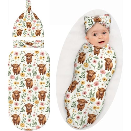 Highland Cow Baby Swaddle Blanket with Headband and Beanie Set, Receiving Blanket, Newborn Infant Highland Baby Clothes Outfits Stuff