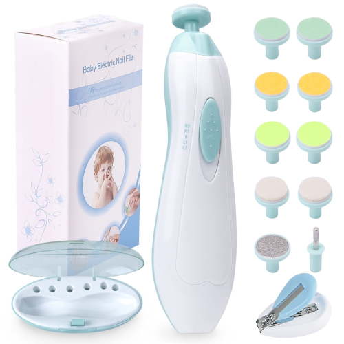 LANNEY Baby Electric Nail File, Fingernail Trimmer, 10 Grinding Heads, LED Light, Quiet, Portable, White/Green