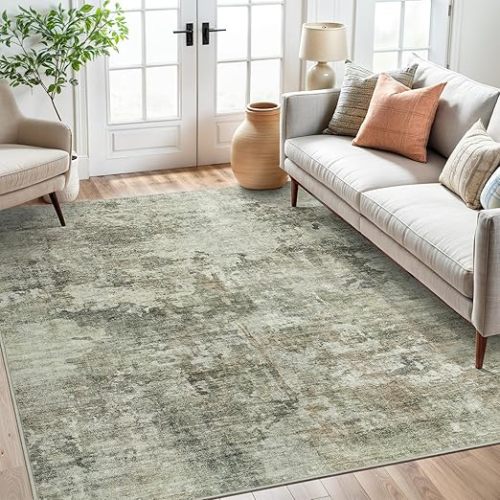 Abstract Rug 5x7 Machine Washable Area Indoor Green Black Low Pile Non-Slip Foldable Thin Accent Rugs for Bedroom Living Room Dining Room