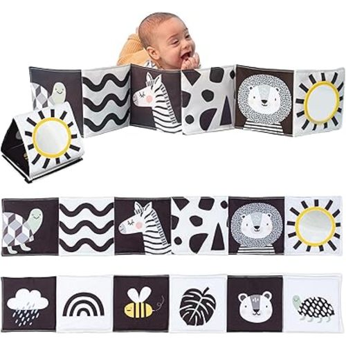 Taf Toys Savannah Black and White 3 in 1 Newborn Baby Pram Book. High Contrast Sensory Soft Double-sided Tummy Time Book with Lion Cub Toy & Baby-safe Mirror. Gift Suitable for Boys & Girls from Birth