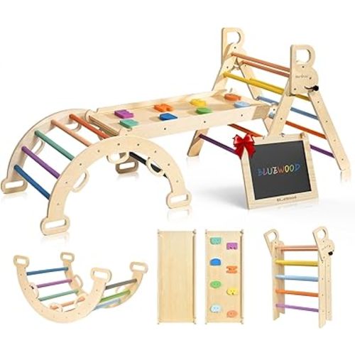 BlueWood Pikler Triangle Set, Foldable Wooden Toddler Climbing Toys Indoor Playground Jungle Gym Montessori Philosophy Climber for 2-6 Years Old, Baby, Kids (Rainbow)